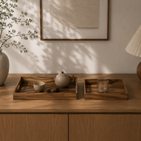 Plateau de service rectangulaire multifonction en bois rustique style ferme avec poignées découpées pour bureau, salon et table basse