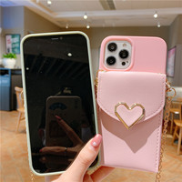 Élégante Coque Téléphone en Silicone Love avec Chaîne, Étui de Luxe pour Femme, Housse de Téléphone Portefeuille Bandoulière Personnalisée pour iPhone 15 16 17 Pro Max