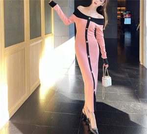 Vestito <span class=keywords><strong>monospalla</strong></span> <span class=keywords><strong>con</strong></span> Design americano Color block per donna <span class=keywords><strong>abito</strong></span> <span class=keywords><strong>lungo</strong></span> in maglia sottile <span class=keywords><strong>con</strong></span> <span class=keywords><strong>spacco</strong></span> nuovo stile autunnale per l'inverno - Product Image 2