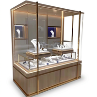 Vitrine de présentation de bijoux en bois et or de luxe avec éclairage LED, vitrine en verre commerciale pour magasin de détail haut de gamme