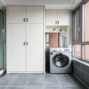 Meuble de balcon sur mesure, panneaux plats blancs, poignées en cuir, lave-linge et sèche-linge intégrés <span class=keywords><strong>Bosch</strong></span>, évier sous plan noir, robinet doré brossé - Product Image 2