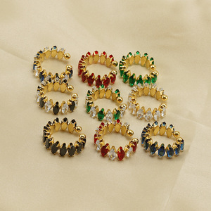 Bulk Waterproof Chic Eternity Stainless Steel Gold 18k <strong>Emerald</strong> Zircon Diamond bar <strong>Bead</strong> Pave Open Cuff Design Finger Ring Jewelry - Product Image 2