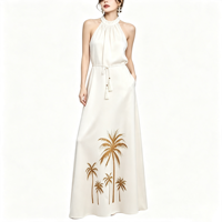 Robe midi à col halter imprimé cocotier pour femme, sans manches, avec ceinture à pompons, robe de plage bohème pour les vacances d'été, logo personnalisé