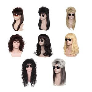 Peluca larga rizada de Metal pesado para fiesta, pelo negro o marrón gradiente blanco 70s 80s Rocker Mullet, divertida, <span class=keywords><strong>disfraz</strong></span> Punk - Product Image 6