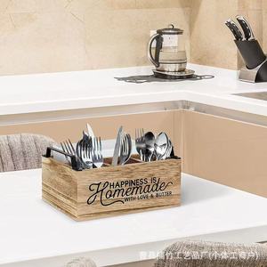 Wooden Tableware <b>Storage</b> <b>Box</b> Rectangle Open Top With Compartments <b>Kitchen</b> Desktop Organizer Natural Wood Color - Product Image 1