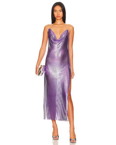 Vestido de fiesta de noche con abertura lateral de cota de metal con cuello Halter negro Vestido de cadena púrpura para mujer - Product Image 1
