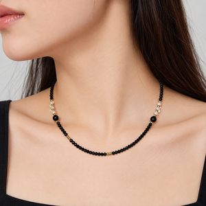 Collier de perles en cristal noir et blanc, perles facettées en acier inoxydable, bijoux symétriques réglables - Product Image 5
