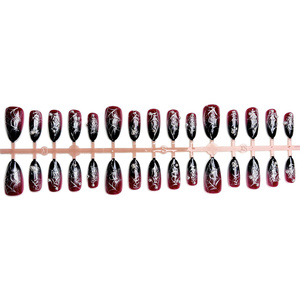 Rojo oscuro Negro Gradiente Plata Tela de araña Insecto Almendra Armadura Halloween Reutilizable Nail Art Prensa para dedos Patrón cuadrado - Product Image 6