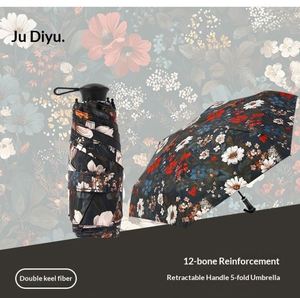 Parapluie de poche mini rétractable à cinq plis avec poignée, imprimé, en vinyle noir, protection UV, pour femme d'affaires - Product Image 4