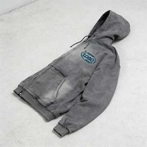 Sweat à capuche zippé pour homme, déchiré et vieilli, imprimé en relief délavé à l'acide, fil métallique, en molleton français 500G 100% coton - Product Image 4