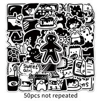50 autocollants graffiti noirs et blancs originaux dessin animé autocollants mignons décorés autocollants de bagages de téléphone portable étanche