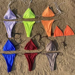 2023 Fabrik hohe Qualität Lager Großhandel glänzende Frauen sexy brasilia nischen Tanga Mikro Badeanzug Mini Bade bekleidung String Bikini Bandeau