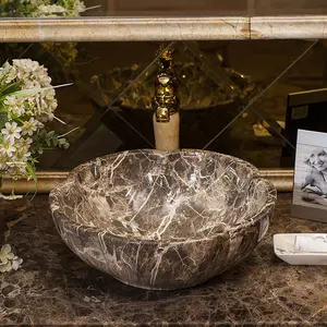 Wholesale price antique lavatory stone design countertop art basin bowl round marble ceramic bathroom sink hand wash basin