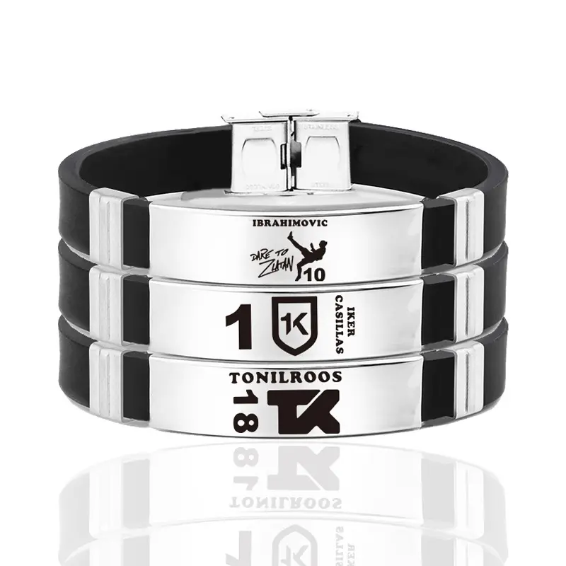 7MM estrella de fútbol personalizada silicona en blanco grabado con láser 316 joyería de moda pulseras de acero inoxidable para grabado al por mayor