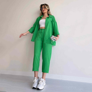 Vêtements pour femmes grandes tailles, printemps 2024, nouvelle veste chemise décontractée ample et pantalon harem sport court, ensemble deux pièces - Product Image 1