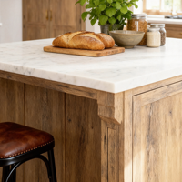 Armoire de cuisine Shaker en bois massif entièrement personnalisée, finition chêne avec vitrine pour projet résidentiel