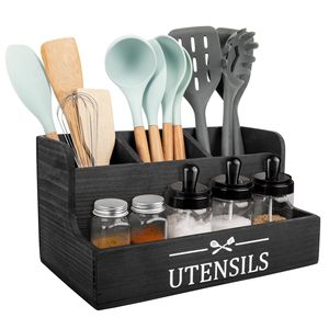 Wooden Multi Compartment Kitchen Utensil Storage Box With <b>Spice</b> <b>Jars</b> L Size Black And White Natural Wood Color - Product Image 2