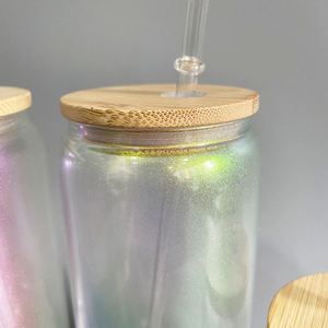 16oz Recyclable Crystal Clear Ombre Color Gorgeous Beer Soda Pop Sublimation rainbow Glass Cans with <b>Bamboo</b> Lid and <b>Straw</b> - Product Image 3