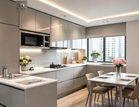 Meubles de cuisine modernes de luxe bicolores à finition brillante, îlot central, armoire de rangement, design épuré, unités de cuisine modulaires en contreplaqué