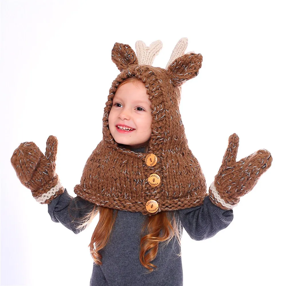 Wholesale Crochet Kids Autumn Winter Warm Reindeer Hats Knitted Earflap Hood Scarves Animal Ear Cap Beanies