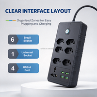 Stop Kontak Brazil 7 Lubang AC dengan 4 Port USB 1 Soket Universal Papan Ekstensi Stasiun Pengisian Daya dengan Saklar ON/Off OEM ODM