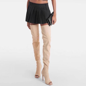 Bottes d'été occidentales pour femmes, montantes jusqu'à la cuisse, à fermeture éclair latérale, en daim, au-dessus du genou, à bout carré ouvert, à talons hauts et aiguille - Product Image 1