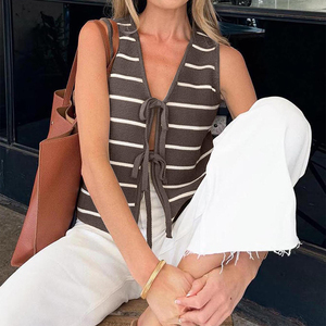 Enyami Top <span class=keywords><strong>marron</strong></span> à rayures <span class=keywords><strong>sans</strong></span> manches, col en V, ouvert sur le devant, crop top en crochet, tricot décontracté, cardigan pour femmes, <span class=keywords><strong>pull</strong></span> vintage Y2k - Product Image 2