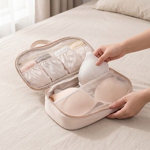 Clothing Organizer Storage <b>Bag</b> Beige Pink Rectangle Travel Bra Underwear Pouch With Mesh Compartment For Trip Use - Product Image 1