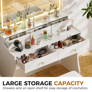 Coiffeuse avec miroir et éclairage, ensemble table et chaise de maquillage, station de charge, commode de chambre, miroir LED à intensité variable en continu - Product Image 4