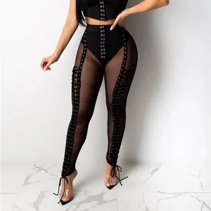 Leggings ajustados con cordones para mujer, pantalones largos sexys de malla, negros, a la moda, elegantes, de verano, A3733