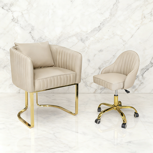 Luxury Beige Vertical Stitch Salon Guest <b>Chair</b> Gold Frame Matching Adjustable Technician <b>Chair</b> For Nail Salon Manicure Spa - Product Image 1