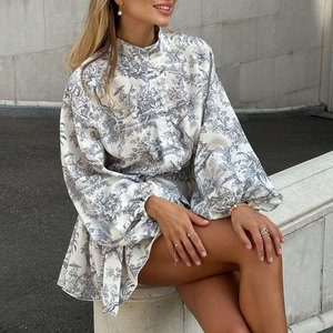 <span class=keywords><strong>Abito</strong></span> Corto Floreale Boho da Donna Pronto per la Spedizione, Collo Alto, <span class=keywords><strong>Maniche</strong></span> <span class=keywords><strong>a</strong></span> <span class=keywords><strong>Palloncino</strong></span>, Orlo <span class=keywords><strong>con</strong></span> Volant, Vita Alta, Moda Boutique - Product Image 1