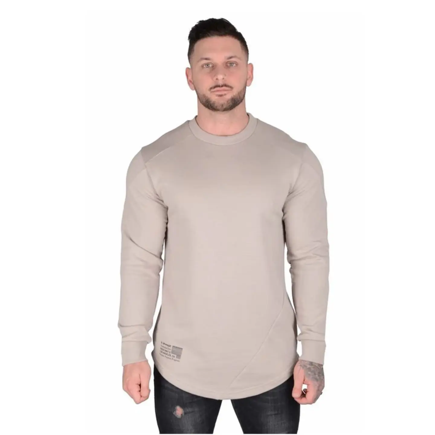 사용자 정의 일반 빈 인쇄 캐주얼 성능 T 셔츠 100% 면 홈 스포츠웨어 피트니스 남성 긴 소매 T 셔츠