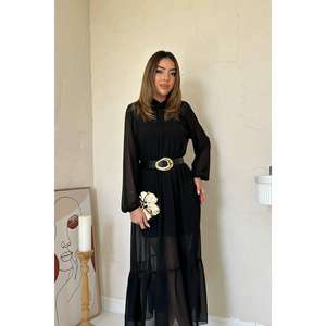 Vestido de Noche Negro de Gasa con Corte en A, Cuello Drapeado, Volantes, Cintura Natural y Manga Larga Translúcida - Product Image 2