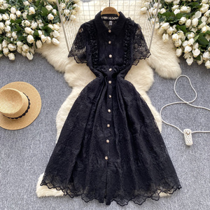ชุดเดรสยาวปักลายลูกไม้สไตล์วินเทจฝรั่งเศสสำหรับฤดูร้อน - Product Image 3