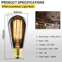 Lampe décorative vintage avec ampoules E26 ST64/ST21, alimentation CA et source de lumière à filament