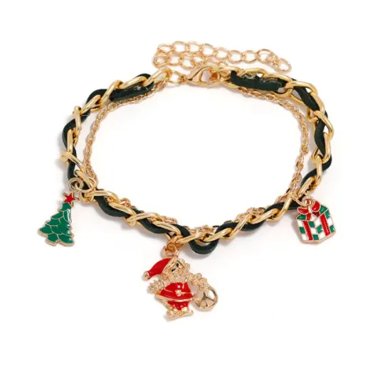 Men Women Christmas Bracelets 2022 Handmade Ribbon Gold Chain Christmas Charm Bracelets Christmas Tree Santa Gift Box Bracelets