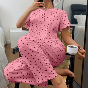 Ensemble de pyjama pour femmes en coton à manches courtes et pantalon long, grande taille, imprimé doux, vêtements de nuit confortables et respirants pour femmes, vêtements de maison - Product Image 1