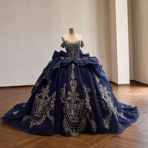 261096 Stunning Navy Blue Crystal Rhinestone Natural Sweetheart Neckline Lace Appliques Quinceanera Ball Gown <b>Dresses</b> - Product Image 2