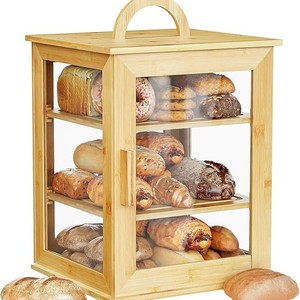 <b>Bamboo</b> Bread Box Three Tier Adjustable Storage Rack Transparent Wood Food Display Kitchen Baking Pastry <b>Container</b> - Product Image 1
