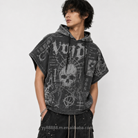 Sudadera con capucha OEM de 600 g/m² 100% algodón, cuello redondo, con bordado japonés de esqueleto, manga corta, cremallera, lavado ácido, de alto rendimiento.
