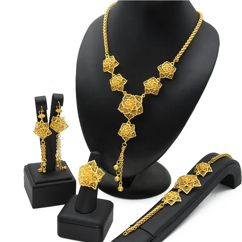 Set perhiasan berlapis emas India untuk wanita pengantin Afrika 24K anting kalung warna emas Set Dubai pernikahan Nigeria grosir