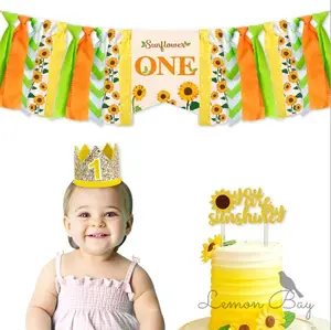 Decoraciones de fiesta de cumpleaños de bebé con temática de girasol, Bandera de silla de comedor para niños, adorno para pastel de cumpleaños