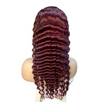 Perruque frontale en dentelle HD 99J rouge, cheveux indiens bruts, densité 210%, brun foncé humain, vierge, cuticules alignées, longue, sans colle, boucles profondes