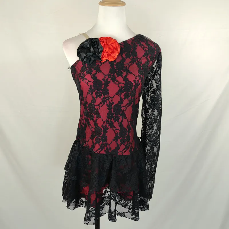 prom dress girl lyrical latin dance competition dress vestidos de baile black lace long sleeve gymnastics leotard red dress