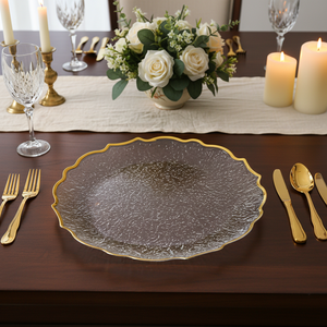 แผ่นรองชาร์จ<span class=keywords><strong>พลาสติก</strong></span>ใสแบบใช้<span class=keywords><strong>แล้ว</strong></span><span class=keywords><strong>ทิ้ง</strong></span> ขอบสีทอง สำหรับงานแต่งงาน - Product Image 4