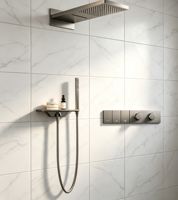 Système de douche thermostatique encastré HONGDEC en nickel brossé avec étagère de rangement, douche pluie, cascade, douche à main