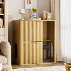 Mueble para arena de gatos de madera clara de 31.5 pulgadas con árbol para gatos, puertas dobles y almacenamiento - Product Image 1