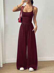 Custom Women Halter Neck High Waist Jumpsuit Bandeau Cami Wide Leg Loose Fit Summer Casual Top Anti-Wrinkle Ruched Screen - Product Image 1