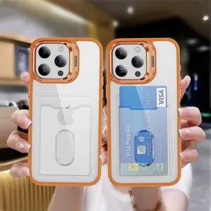 Mobile Clear Phone Case For IPhone 14 Pro Max Bulit-in Camera Stand Phone Cover With Card Slot For IPhone 15 Pro Max